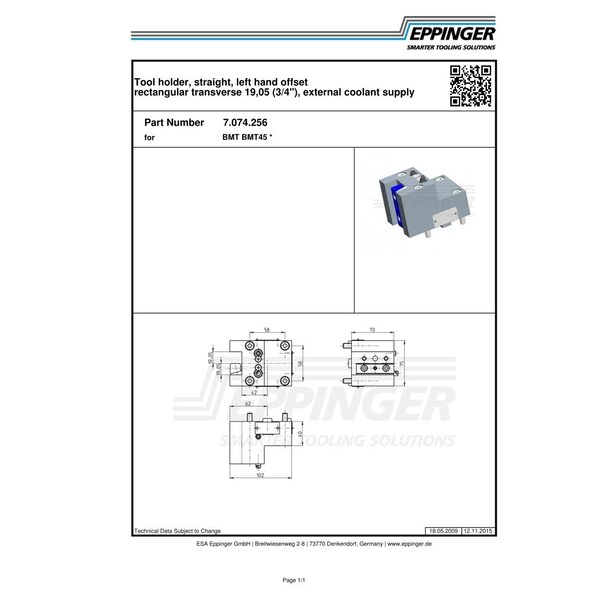 BMT45, Tool Holder, Straight, Left Hand Offset Rectangular Transverse 19,05 34